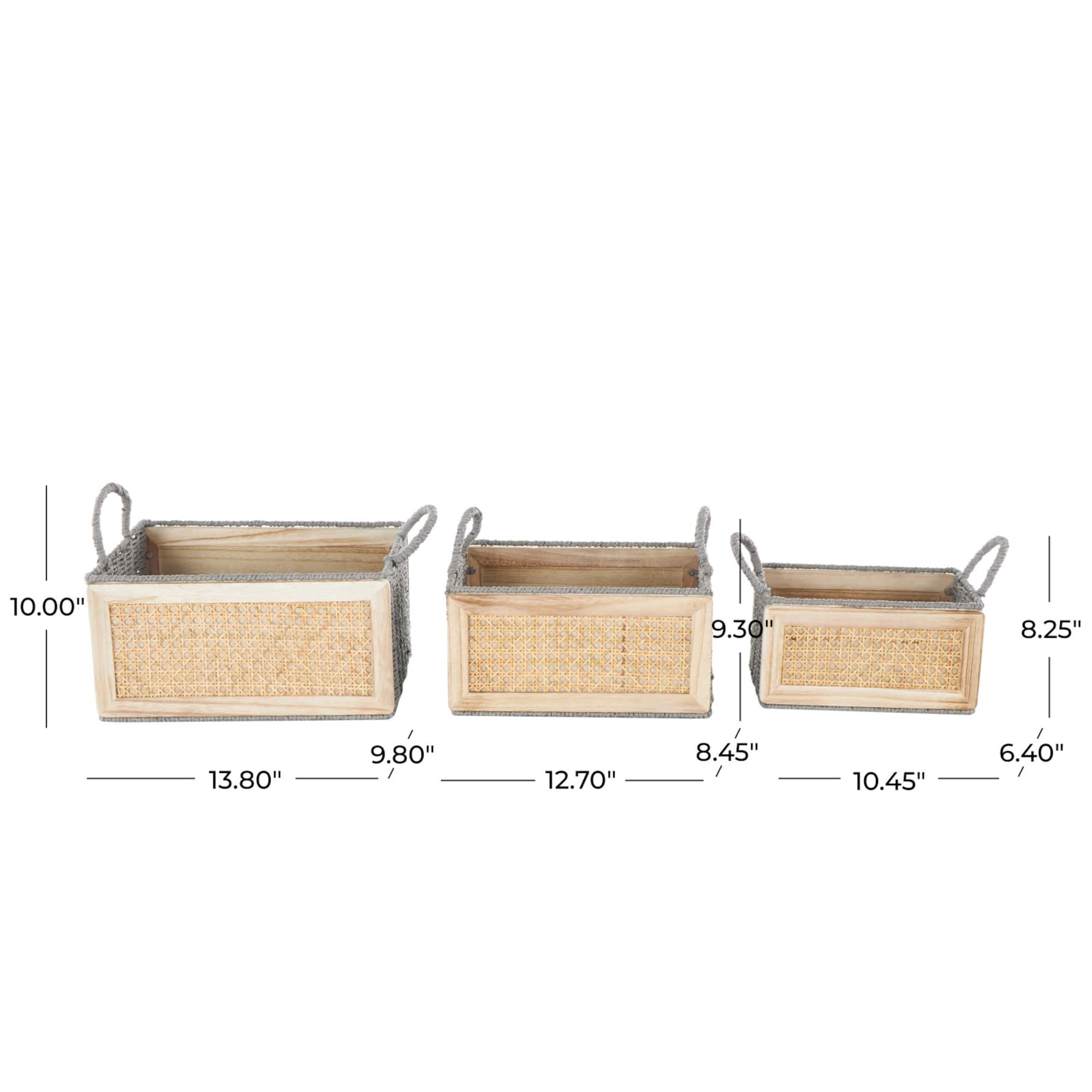Light Brown Rattan Woven Basket with Gray Rope Handles, 3ct.